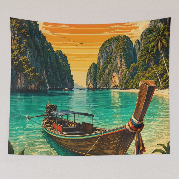 Item preview, Maya Bay Longtail Paradise – Vintage Thailand Travel Poster designed and sold by Spirit of Siam.