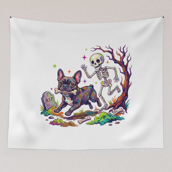Item preview, Funny Halloween French Bulldog Chased by Skeleton Spooky Graveyard  designed and sold by VibranPalette.