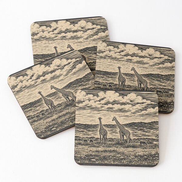 Item preview, Linocut Giraffes in Tanzania Field | African Wildlife Safari designed and sold by Linoluca.