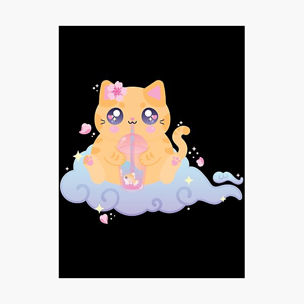 Item preview, Kawaii Orange Cat Cute Bubble Tea On Cloud Illustration designed and sold by MidniteMoons.