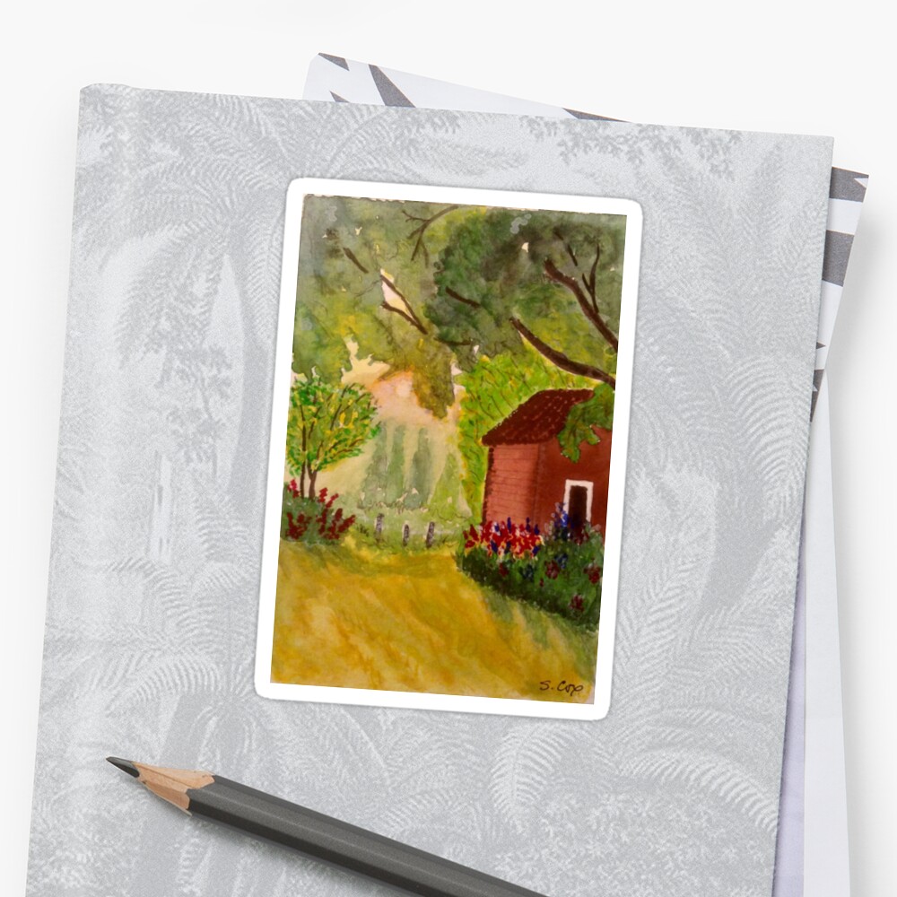 Misty Mountain Cabin Watercolor Print Sticker By Watercolorfinds