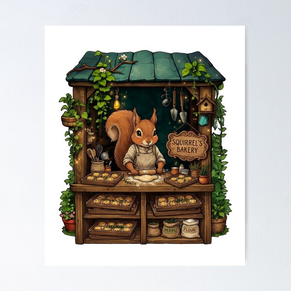 Item preview, Squirrel's Bakery | Cozy Woodland Bakery | Cottagecore Baking Art | Cute Squirrel Baker | Fantasy Forest Bakery | Baking Lover Gift designed and sold by MrDev.