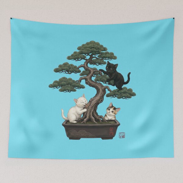 Item preview, Bonsai Zen Tree with Three Cute Kittens designed and sold by JapanekoGallery.