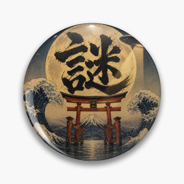 Item preview, Mystery Kanji "謎" Ukiyo-e UFO over Torii Gate | Japanese Moon & Mount Fuji designed and sold by Handcan.
