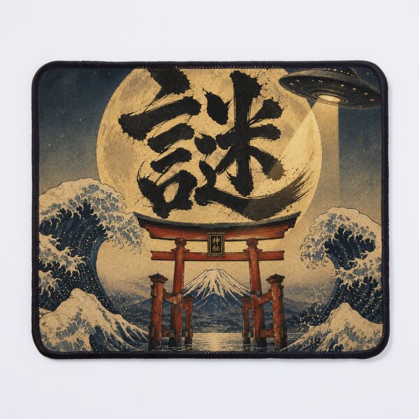 Item preview, Mystery Kanji "謎" Ukiyo-e UFO over Torii Gate | Japanese Moon & Mount Fuji designed and sold by Handcan.