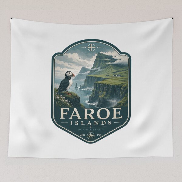 Item preview, Faroe Islands Misty Sea Cliffs Puffin Nordic Travel Badge designed and sold by ArtsyExplorer.