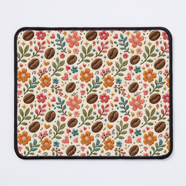 Item preview, Embroidered Coffee Bean Floral Pattern – Cute Coffee Lover Seamless Design designed and sold by graphic-genie.