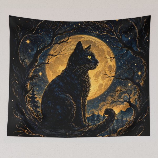 Item preview, Black Cat Moon Art | Mystical Cat Wall Decor | Gothic Celestial Cat Illustration designed and sold by AbstractAuraArt.