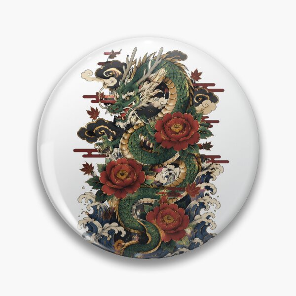 Item preview, Japanese Green Dragon with Peonies | Traditional Irezumi Tattoo Art designed and sold by kaxymax.