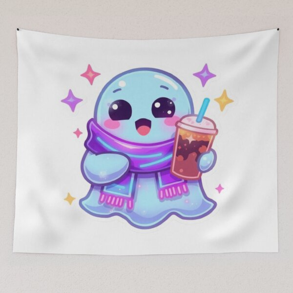 Item preview, Neon Cozy Ghost Coffee Kawaii Sticker | Glowing Cute Ghost PNG designed and sold by Stylestickers55.