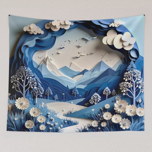 Item preview, Mountain Landscape with White Flowers and Birds designed and sold by Vicky Brago-Mitchell®.