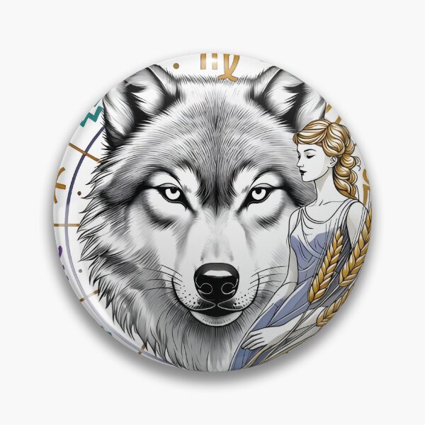 Item preview, Virgo Wolf Spirit Zodiac Wheel Maiden Gold Circle Art designed and sold by Zodiac Celestial Art.