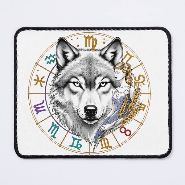 Item preview, Virgo Wolf Spirit Zodiac Wheel Maiden Gold Circle Art designed and sold by Zodiac Celestial Art.
