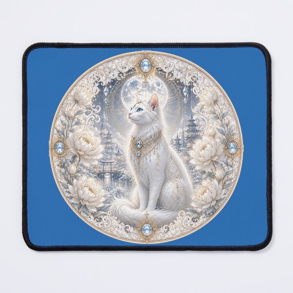 Item preview, Celestial White Cat – Moonlit Japanese Garden Fantasy Art designed and sold by sunbowjp stadio.
