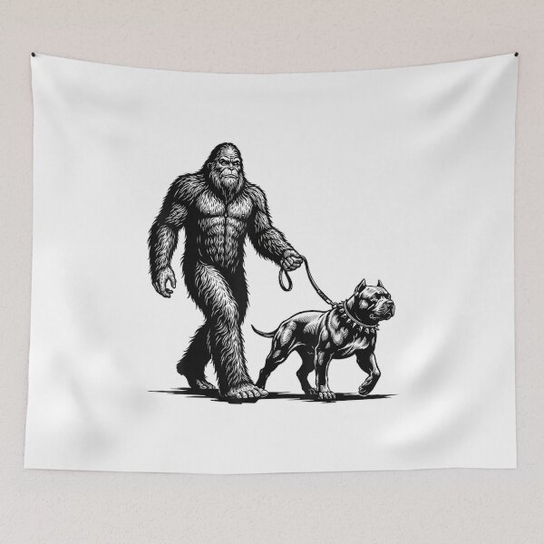 Item preview, Retro Bigfoot Walking Pitbull Dog Funny Sasquatch Pet Owner Vintage Art designed and sold by kiralynstration.