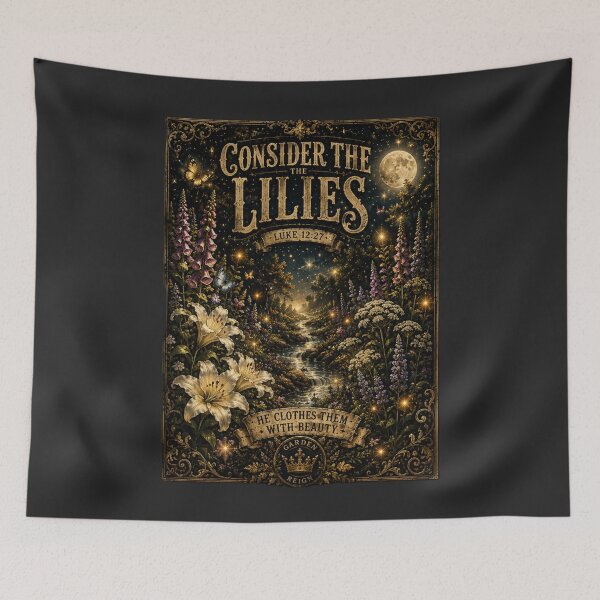 Item preview, Consider the Lilies – Luke 12:27 | Moonlit Garden Botanical Christian T-Shirt | Vintage Scripture Art designed and sold by GardenReign.