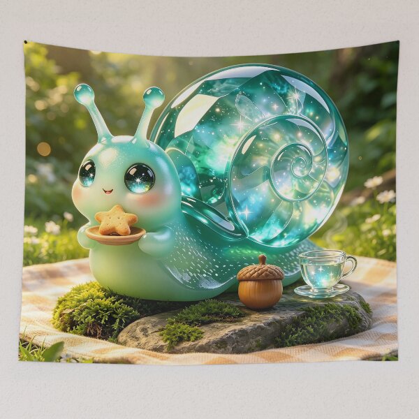 Item preview, Picnic in the Glade - Cute Emerald Snail Enjoying a Magical Snack designed and sold by ABYSSLAB.