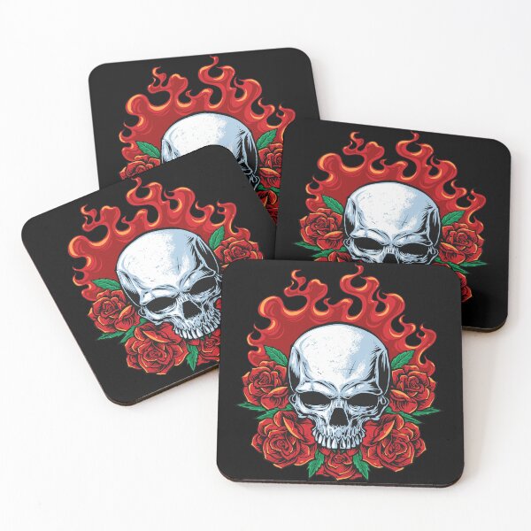 Item preview, Flaming Skull with Red Roses Traditional Tattoo Flash Biker Gothic Art designed and sold by DERA RAY.