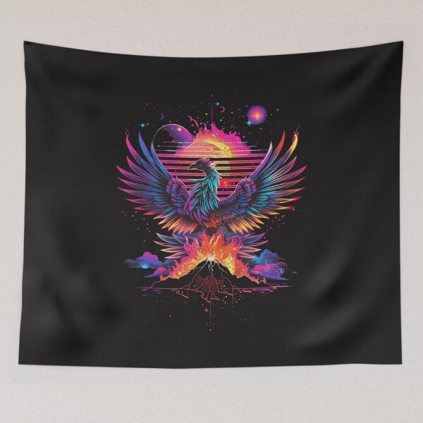 Item preview, phoenix rising in neon fire – retro rebirth poster designed and sold by RetroWaveArtCo.