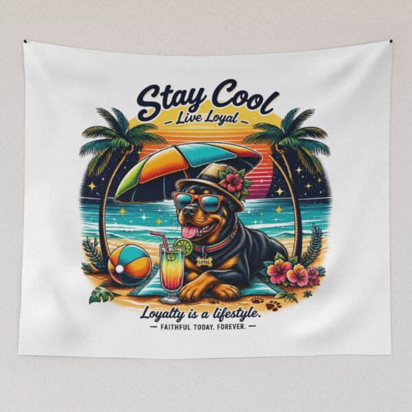 Item preview, Stay Cool Live Loyal – Tropical Beach Dog Sunset | Loyalty Quote designed and sold by PixelStyle Studio.