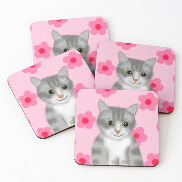 Item preview, cute grey kitten on pink floral background designed and sold by HasenKinder.