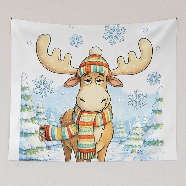 Item preview, Winter Moose in Scarf | Whimsical Snowy Forest Art designed and sold by Clothes With Smiling Animals Walt Gral.