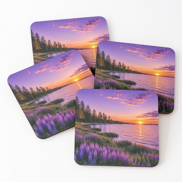 Item preview, Purple Wildflowers by a Serene Lake at Sunset – Vibrant Nature Landscape Photography designed and sold by Wild Bloom Paws.