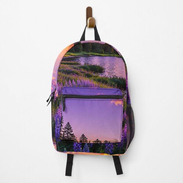 Item preview, Purple Wildflowers by a Serene Lake at Sunset – Vibrant Nature Landscape Photography designed and sold by Wild Bloom Paws.