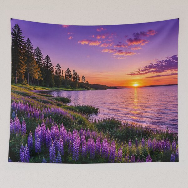 Item preview, Purple Wildflowers by a Serene Lake at Sunset – Vibrant Nature Landscape Photography designed and sold by Wild Bloom Paws.