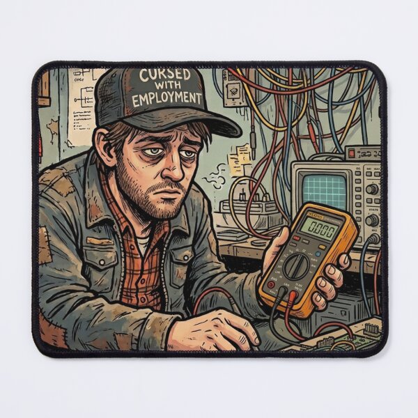 Item preview, Cursed With Employment Funny Electronics Engineer Retro Cartoon Scene designed and sold by Hacen-AB ⭐⭐⭐⭐⭐.