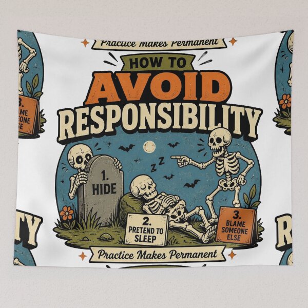 Item preview, How to Avoid Responsibility Funny Skeleton Dark Comedy Graphic T-Shirt designed and sold by Ecocrushstudio.