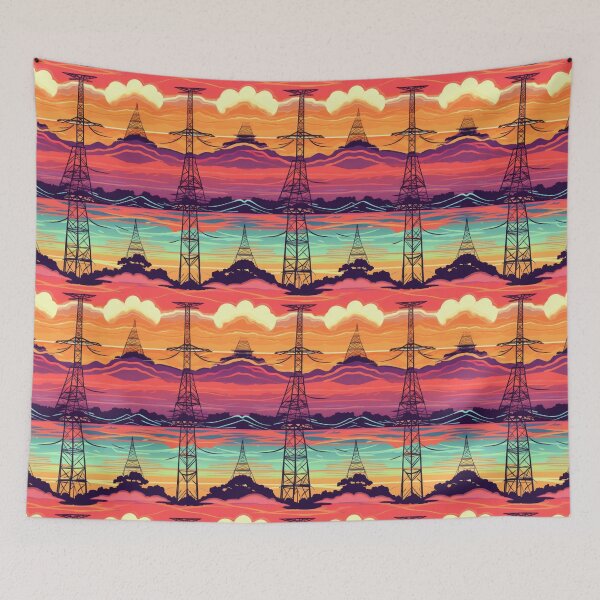 Item preview, Retro Synthwave Sunset Landscape with Electric Pylons Pattern designed and sold by pinkal.