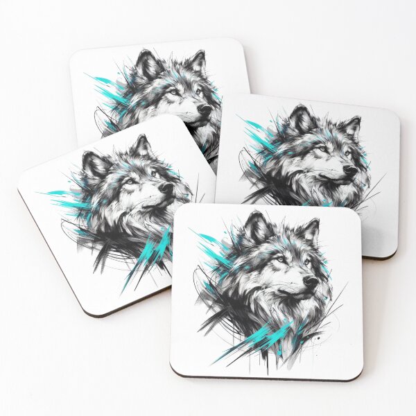 Item preview, Elegant Wolf Portrait, Modern Black White Wolf Art, Teal Ink Wildlife Illustration designed and sold by gkhanco.