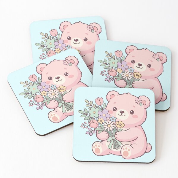Item preview, Cute Kawaii Pink Bear with Flower Bouquet designed and sold by BrownHorse90s.