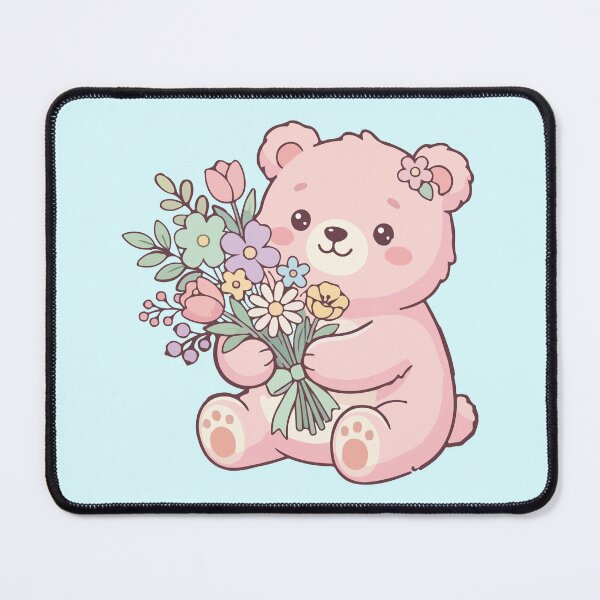 Item preview, Cute Kawaii Pink Bear with Flower Bouquet designed and sold by BrownHorse90s.