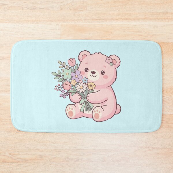 Item preview, Cute Kawaii Pink Bear with Flower Bouquet designed and sold by BrownHorse90s.