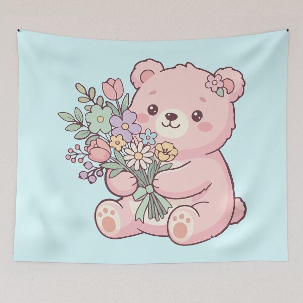 Item preview, Cute Kawaii Pink Bear with Flower Bouquet designed and sold by BrownHorse90s.