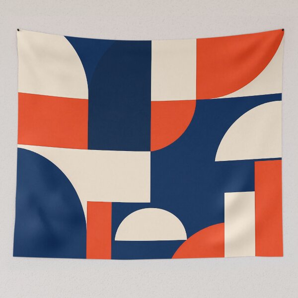 Item preview, Mid-Century Geometric Abstract Navy Orange Cream designed and sold by Aureva Arts Shop.