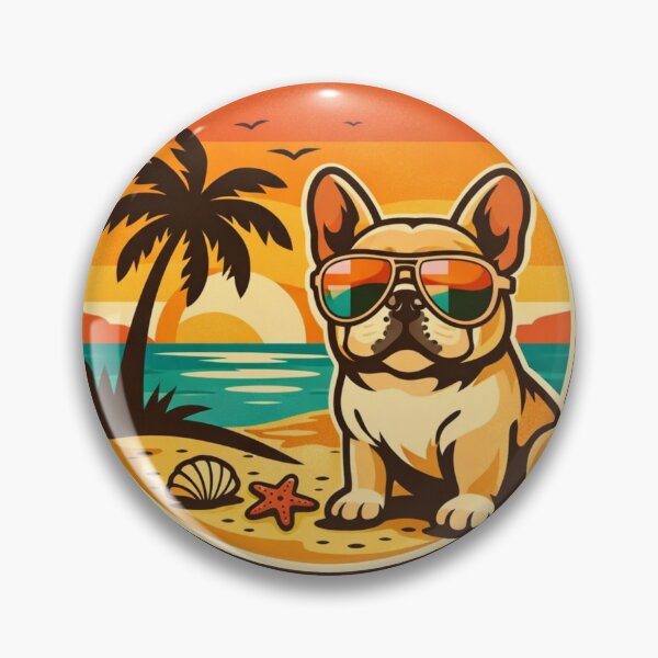 Item preview, French Bulldog Tropical Sunset – Cool Retro Beach Badge designed and sold by Timeless Junction.