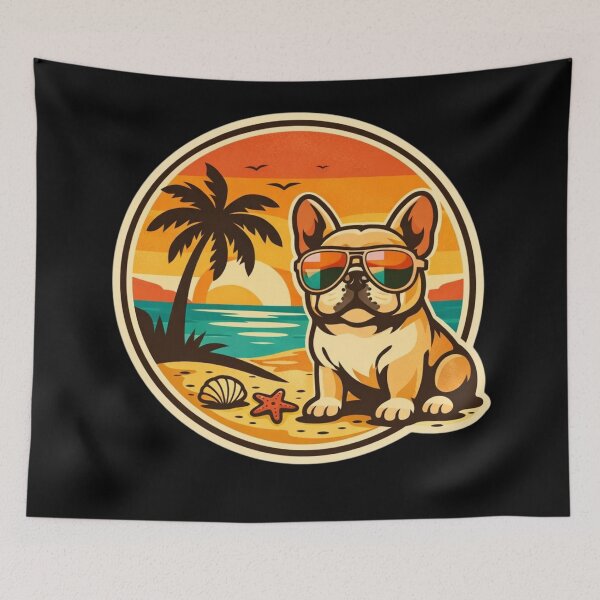 Item preview, French Bulldog Tropical Sunset – Cool Retro Beach Badge designed and sold by Timeless Junction.