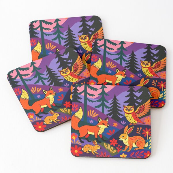 Item preview, Retro Folk Art Mountain Sunset Forest Animals Painting designed and sold by Nexus Space.