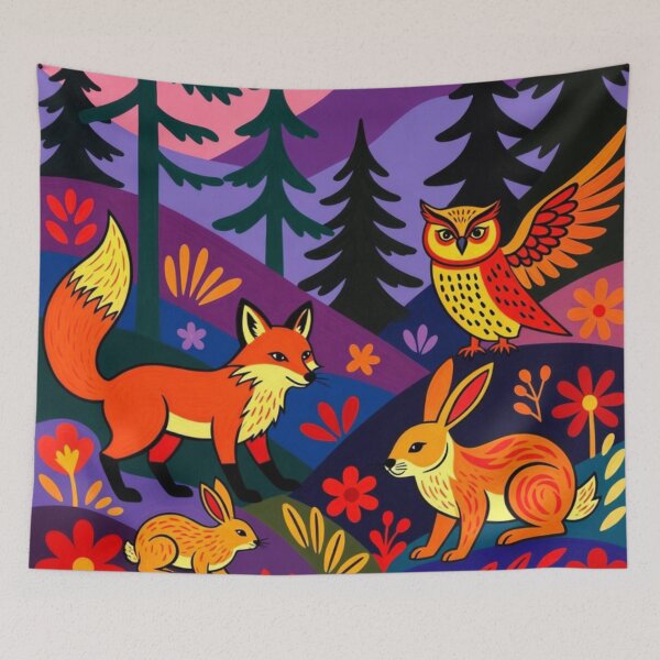 Item preview, Retro Folk Art Mountain Sunset Forest Animals Painting designed and sold by Nexus Space.