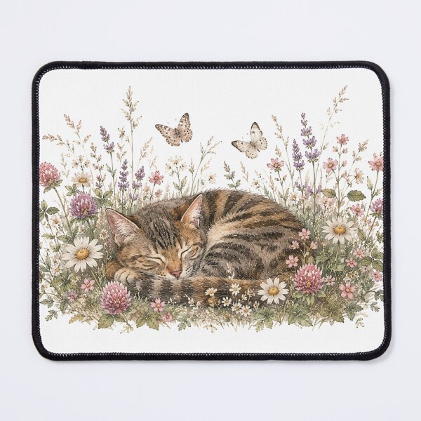 Item preview, Sleeping Cat in Wildflower Meadow — Cozy Cat Art Print designed and sold by DreamelleStudio.