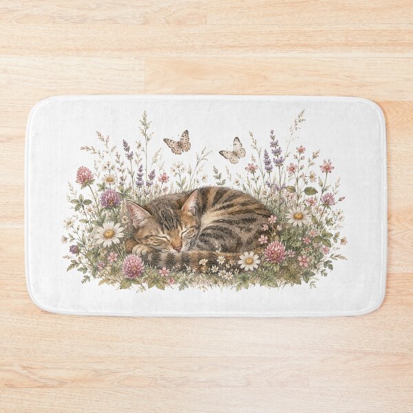 Item preview, Sleeping Cat in Wildflower Meadow — Cozy Cat Art Print designed and sold by DreamelleStudio.