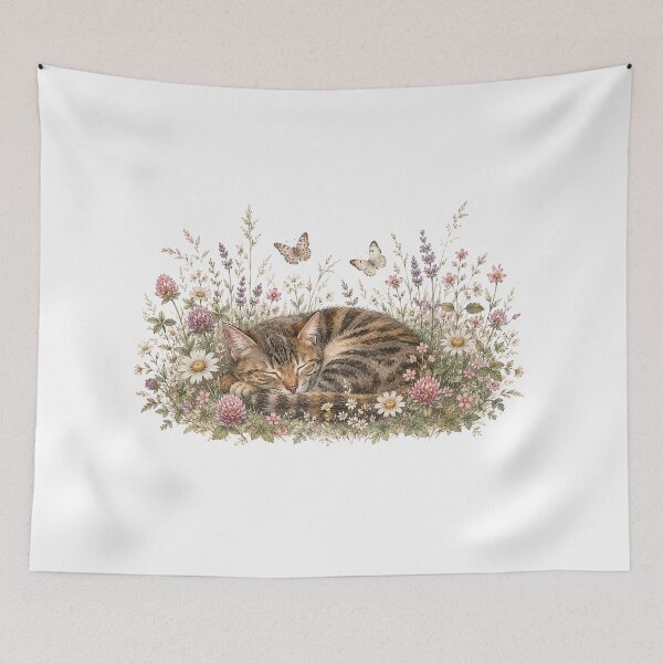 Item preview, Sleeping Cat in Wildflower Meadow — Cozy Cat Art Print designed and sold by DreamelleStudio.