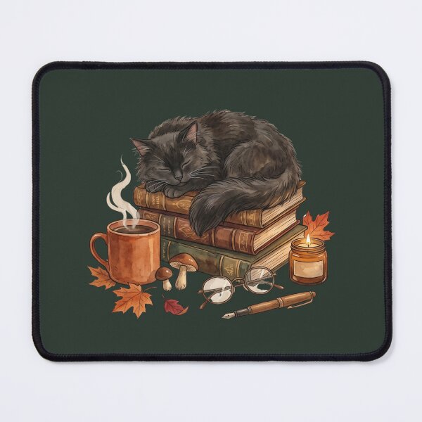 Item preview, Sleeping Black Cat on Vintage Books with Coffee | Cozy Book Lover Dark Academia Watercolor Illustration designed and sold by Whimwick.