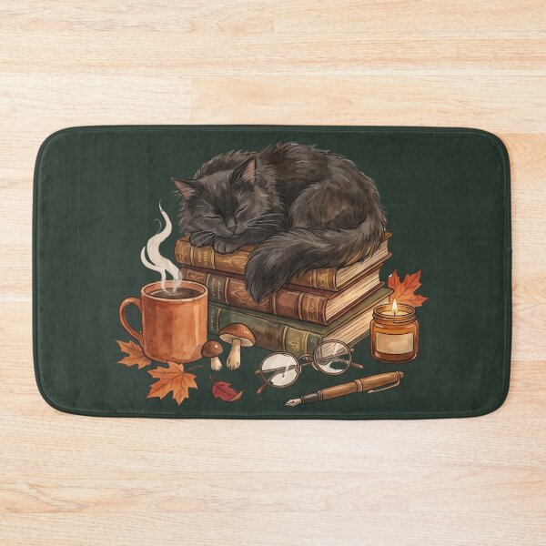 Item preview, Sleeping Black Cat on Vintage Books with Coffee | Cozy Book Lover Dark Academia Watercolor Illustration designed and sold by Whimwick.