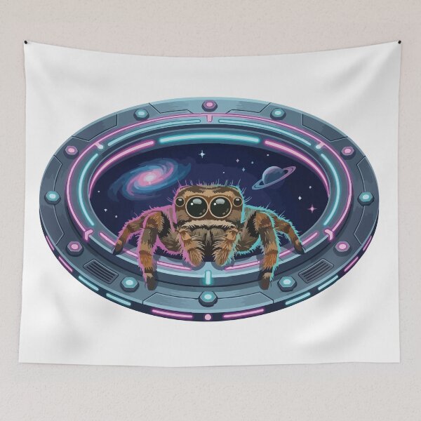 Item preview, Cyberpunk Jumping Spider Neon Space Station Window designed and sold by ArcApparel2020.