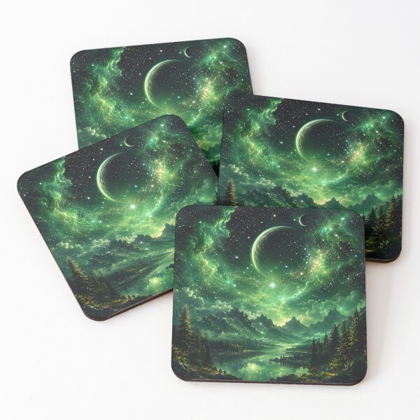Item preview, Green Nebula Planet Over Misty Mountain Lake designed and sold by Aureva Arts Shop.