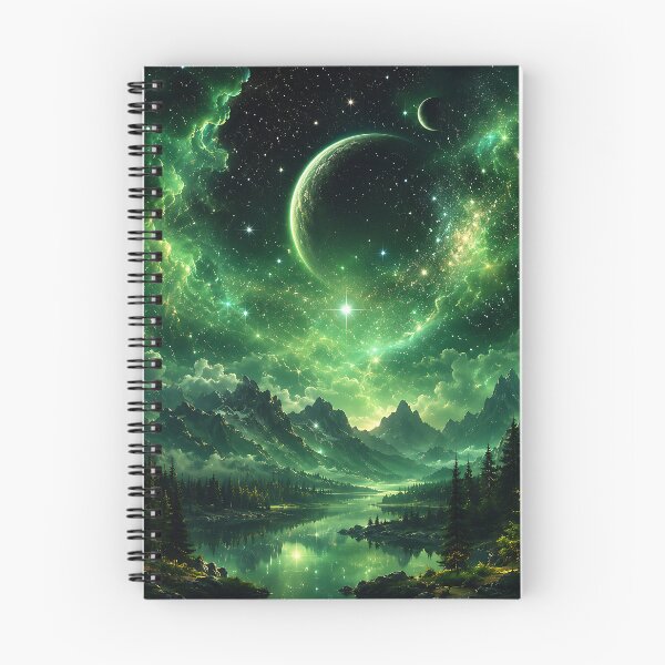 Item preview, Green Nebula Planet Over Misty Mountain Lake designed and sold by Aureva Arts Shop.